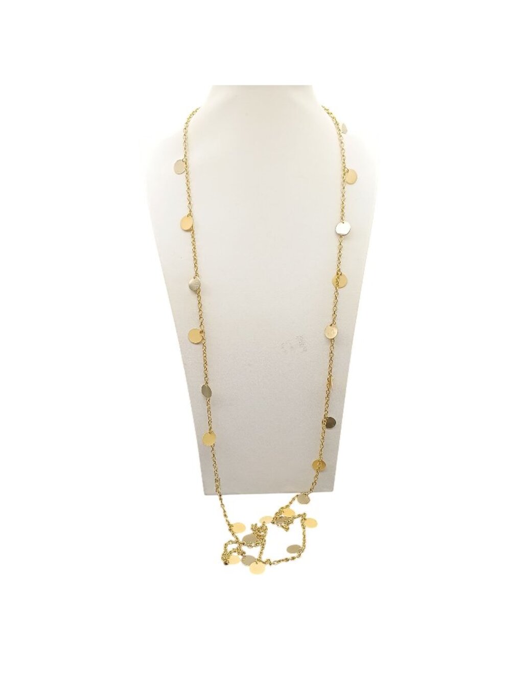 Gold-Tone and Beige Enamel Coin Disc Station Necklace Long Chain Layering Jewelr